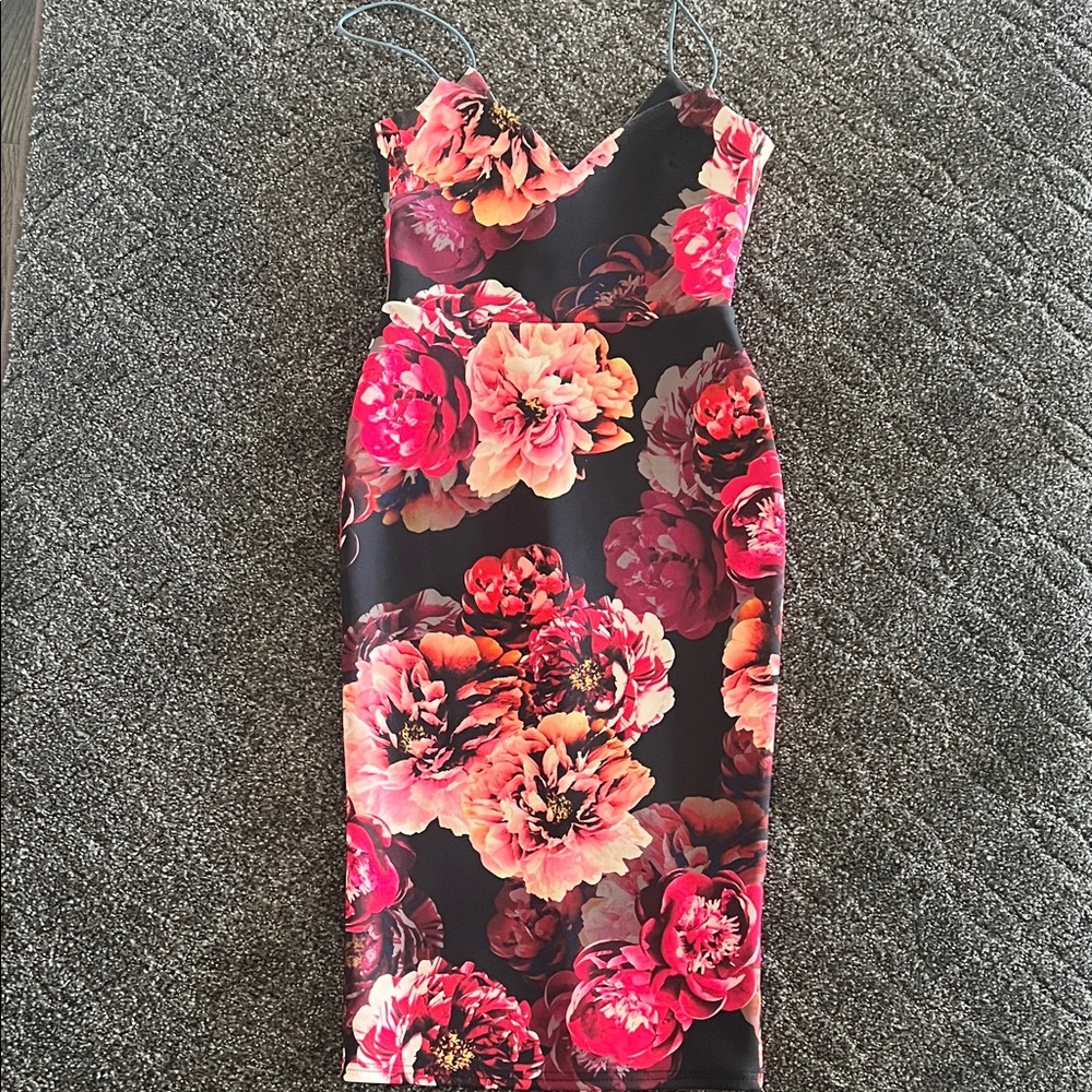 ASOS Floral Midi Bodycon Dress in Black and Pink